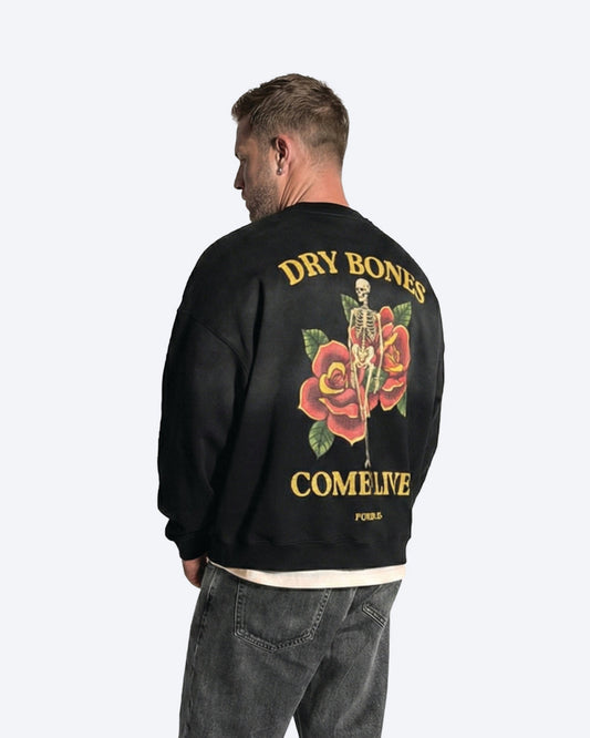 Person wearing a black sweatshirt with a skeleton and rose design on the back, on a white background.