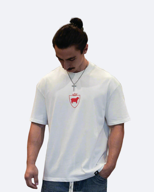 Person wearing a white t-shirt with a red logo in a room with shelves and books.