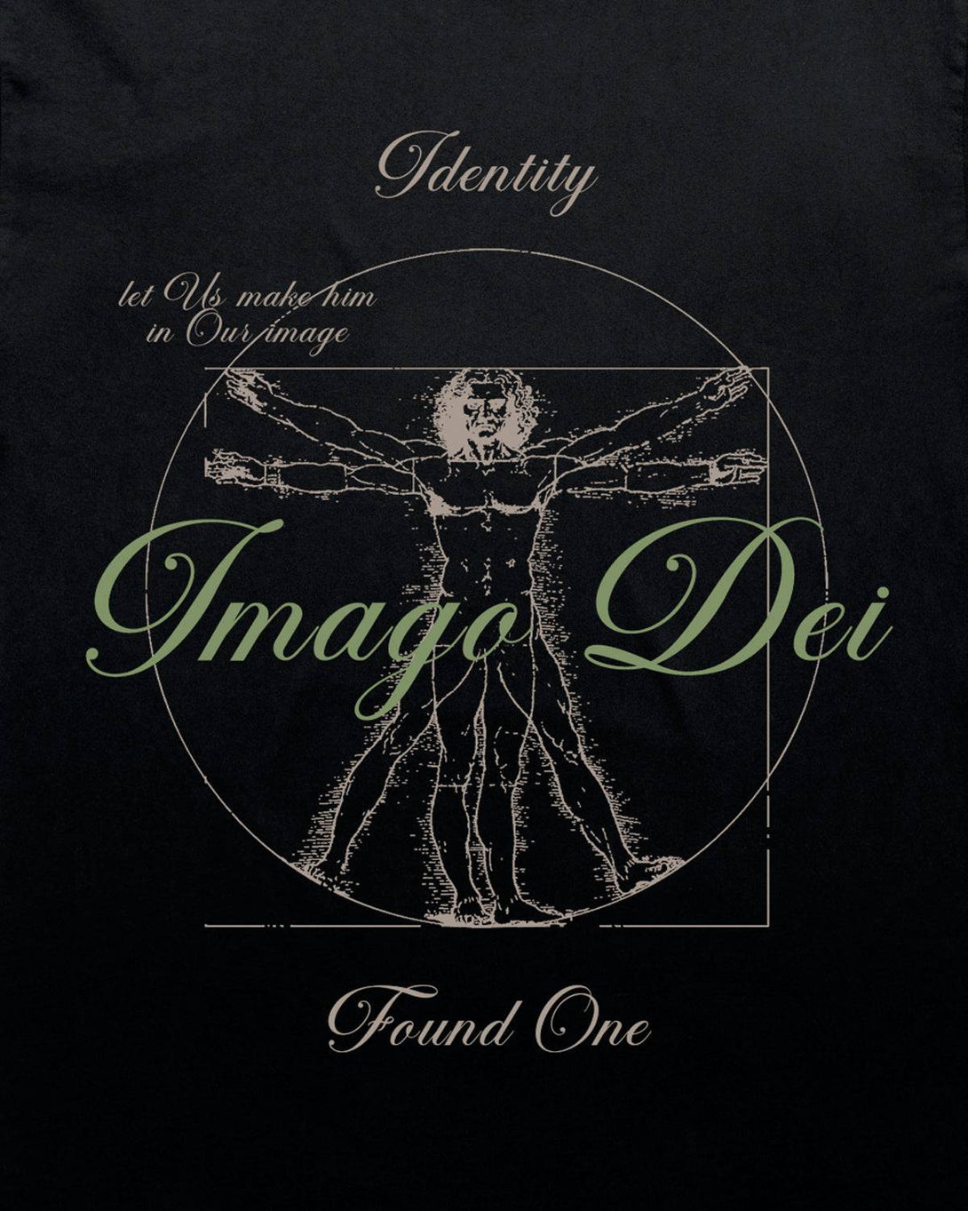 Close-up of the Image of God T-Shirt in Faded Black, showcasing the Vitruvian Man graphic with 'Imago Dei' and faith-inspired text details.