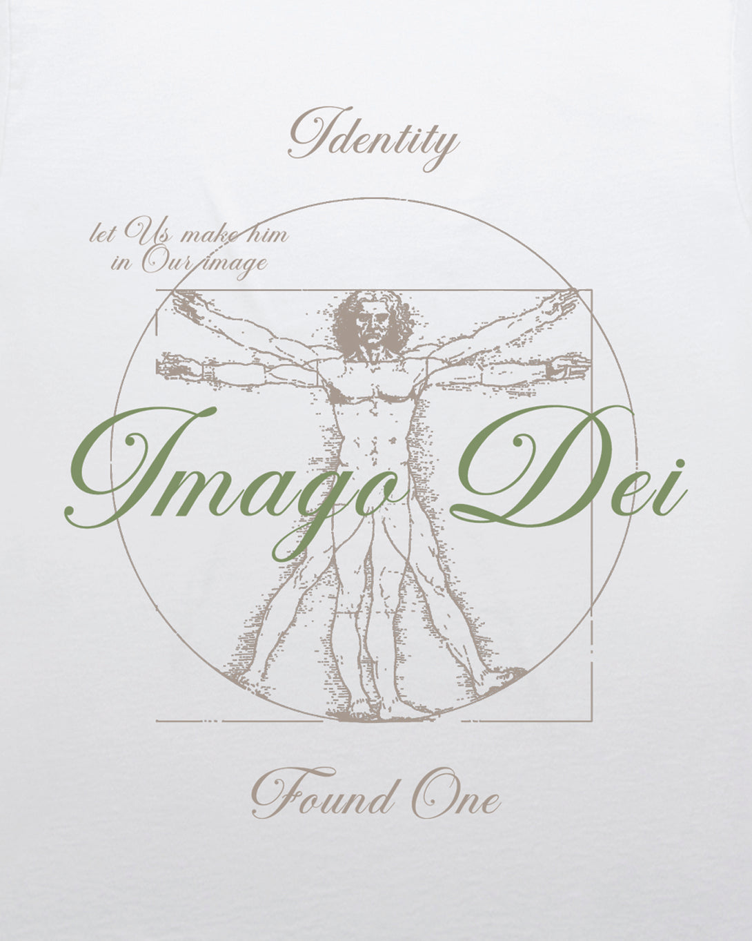 Close-up of the Image of God T-Shirt in Faded White, showcasing the Vitruvian Man graphic with 'Imago Dei' and faith-inspired text details.