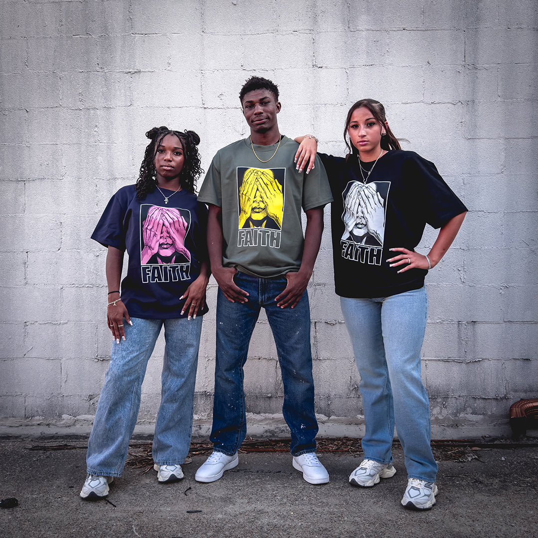 Faith Skate T-shirt in different colors on teens, by Found One Apparel.