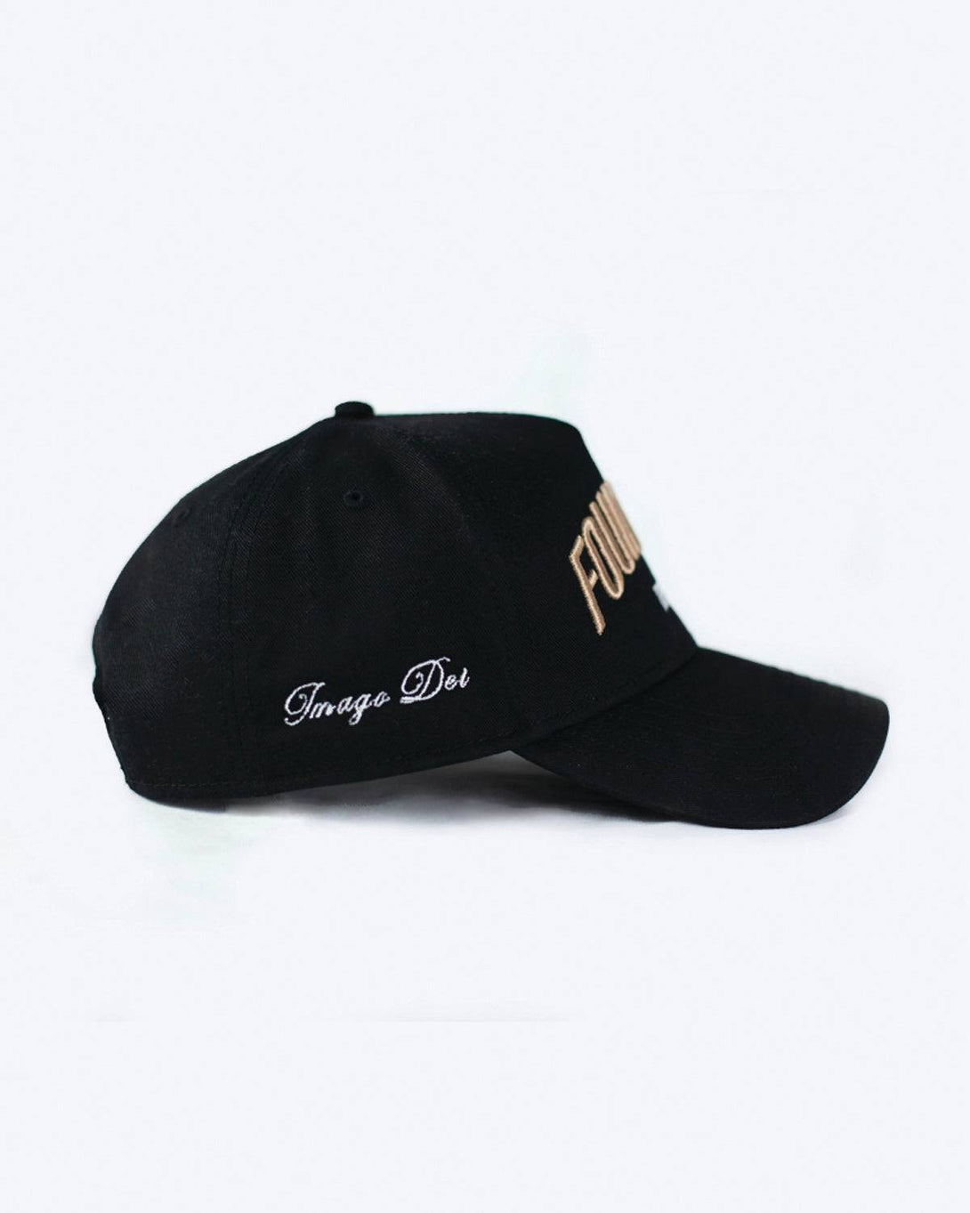 Side view of the black Found One Identity Cap. Embroidered 'Imago Dei' text on the side panel for a stylish faith-based touch.