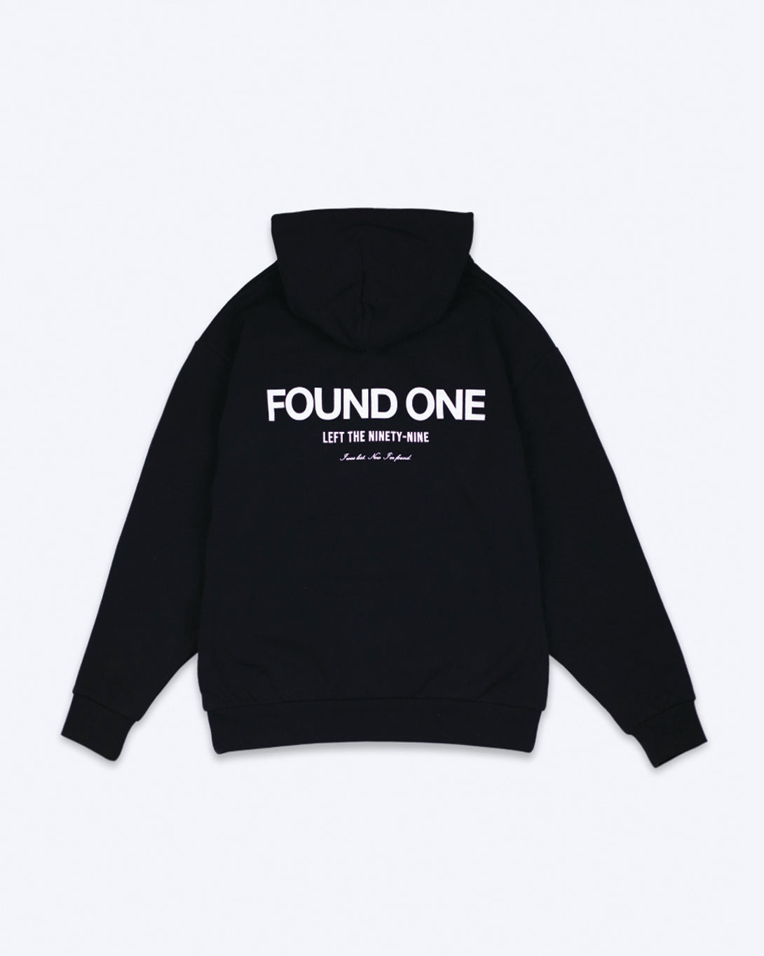 Found One Statement Hoodie Black featuring bold white text on the back. A modern Christian hoodie with a relaxed fit, perfect for casual wear.