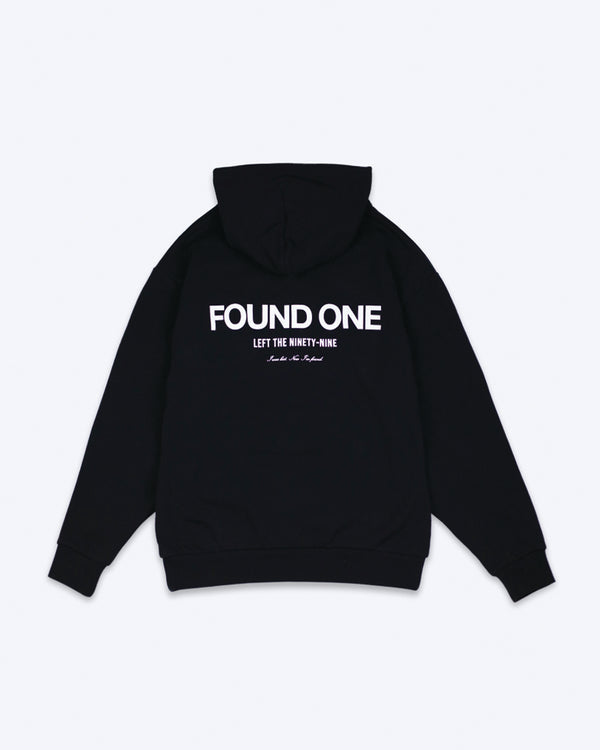 Found One Statement Hoodie Black featuring bold white text on the back. A modern Christian hoodie with a relaxed fit, perfect for casual wear.