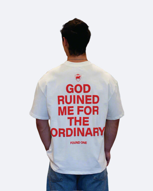 Person wearing a white t-shirt with red text in a room with green walls and decorative items.